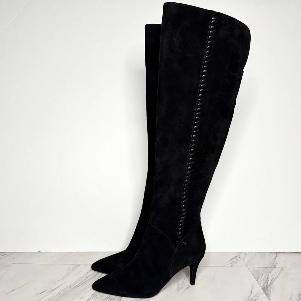 Vince Camuto Seselti Black Suede Pointy Toe Tall Boot 8 1/2 M - Picture 1 of 16